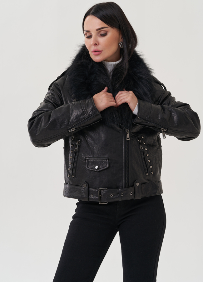 Женская куртка из натуральной кожи с отделкой из меха песца модель № 25372 универмаг малина