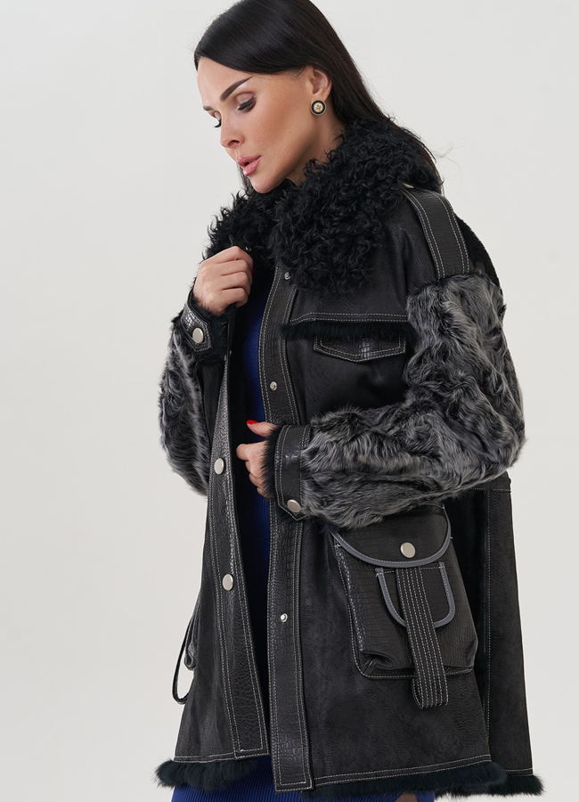 Полупальто черное из меха кролика модель № 25547 универмаг малина