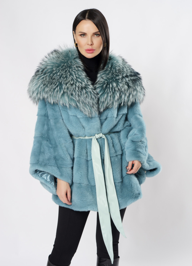 Укороченная норковая шуба с капюшоном светло-зеленого цвета модель № S-851 меха малина