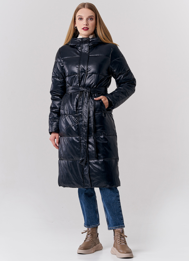 фото Пальто из эко кожи с капюшоном модель № 21827