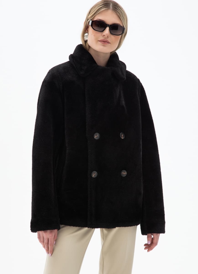 Женская двухсторонняя дубленка из эко кожи с английским воротником модель № 31868 универмаг малина