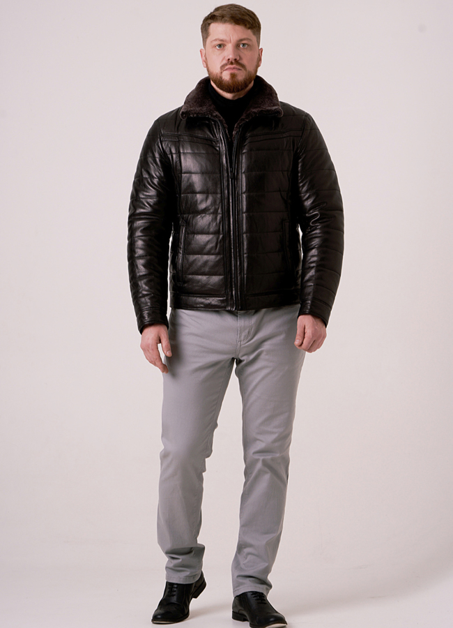 Кожаный пуховик с отделкой из овчины модель № 215 универмаг малина