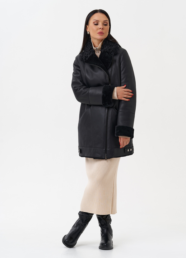 фото Натуральная дубленка черного цвета модель № 28959