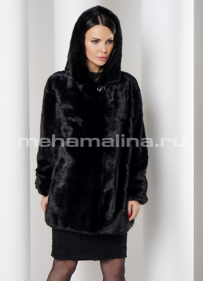 фото Шуба из черной норки, укороченная с капюшоном модель № S-761