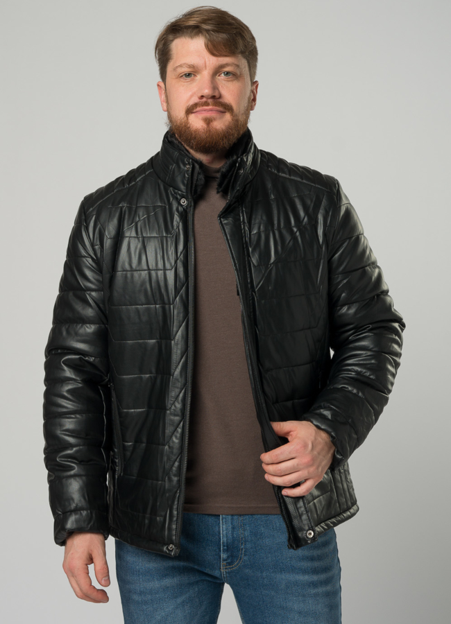 Мужской пуховик из эко кожи черного цвета модель № 21942 универмаг малина