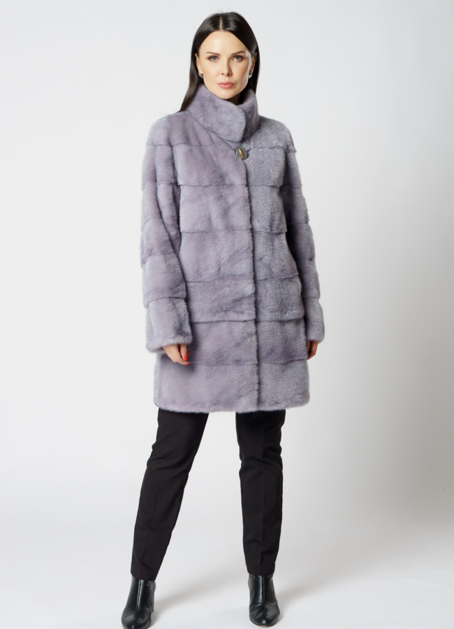 Норковая шуба с воротником стойкой голубого цвета модель № S-811 в рассрочку