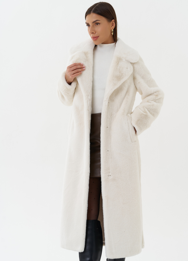 Женское пальто из эко меха с капюшоном модель № 28642 универмаг малина