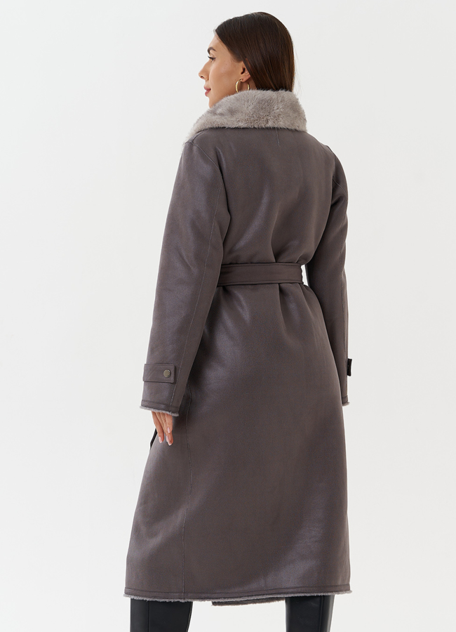 Длинная дубленка из эко кожи с воротником шаль модель № 27782 универмаг малина