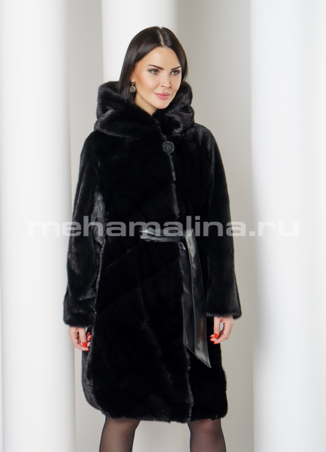 Норковая шуба черного цвета с капюшоном модель № S-778 универмаг малина