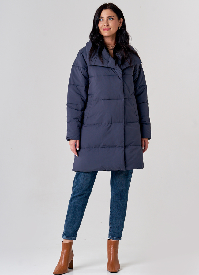 фото Пуховик женский серого цвета с воротником стойкой модель № 21629