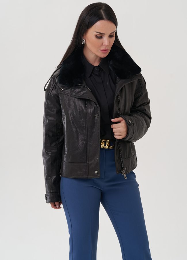 Куртка из натуральной кожи с отделкой из меха кролика модель № 25380 универмаг малина