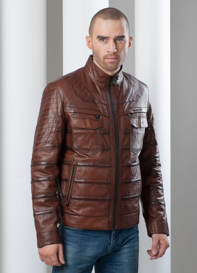 Кожаная куртка на молнии с поперечными полосами модель № KP-34 меха малина