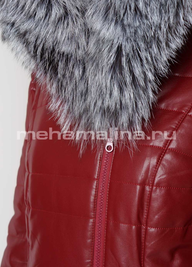 Пуховик с капюшоном в красном цвете из эко кожи модель № 8171 универмаг малина