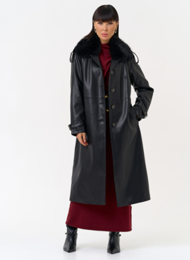 Женское утепленное пальто из экокожи с воротником из эко меха Женское утепленное пальто из экокожи с воротником из эко меха