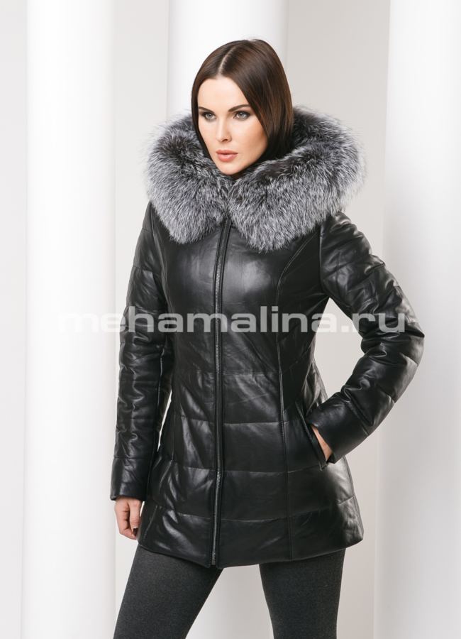 Укороченный пуховик модель № П-120 меха малина