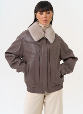 Женская утепленная куртка из эко кожи в бежевом цвете Женская утепленная куртка из эко кожи в бежевом цвете