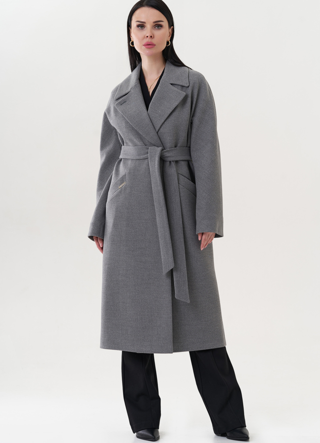 фото Пальто серого цвета с английским воротником модель № 26723