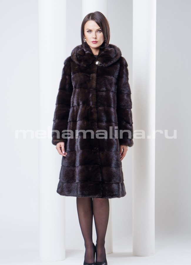 Шуба норка поперечка с капюшоном модель № S-293 меха малина