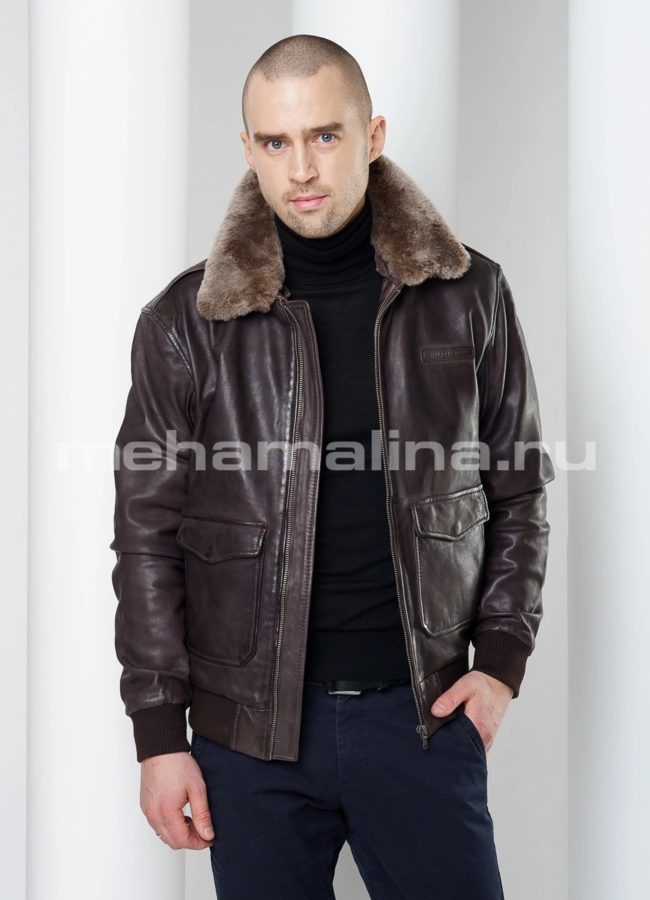 Кожаная куртка на резинке модель № KP-219 универмаг малина