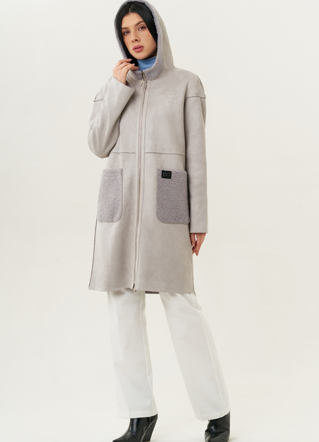 Женское двустороннее полупальто из эко замши светло-серого цвета модель № 22289 универмаг малина