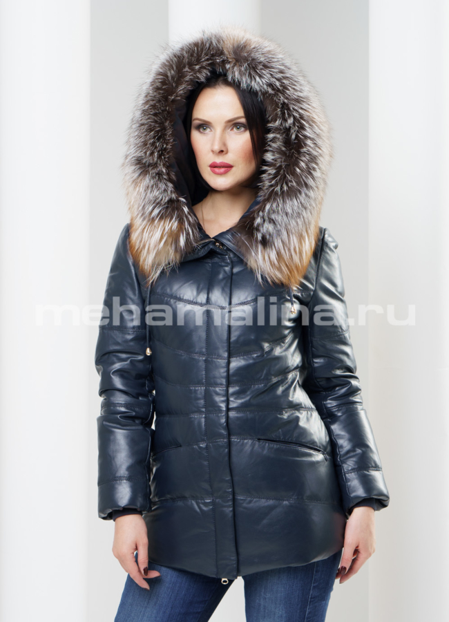 Укороченный кожаный пуховик, с капюшоном модель № П-38 универмаг малина