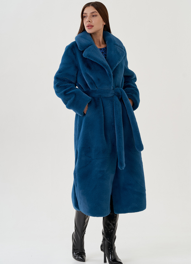 фото Удлиненная шуба из экомеха с поясом модель № 81535