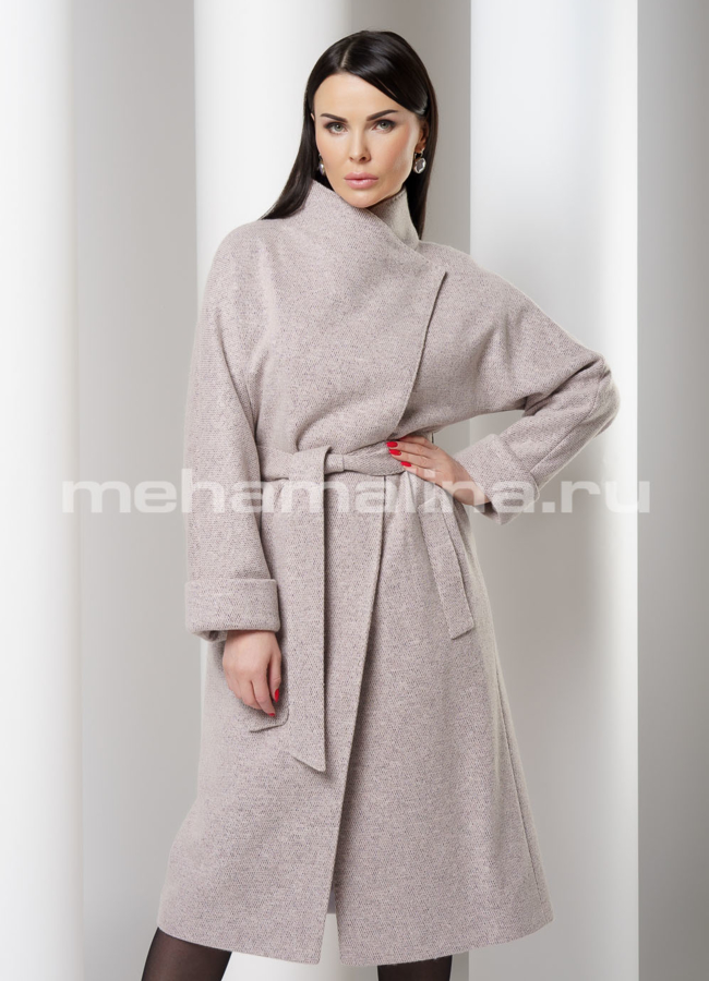 Пальто прямое под пояс модель № 2463 меха малина