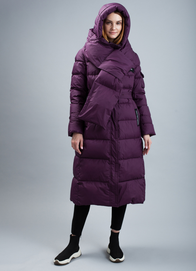 Пуховик женский на биопухе модель № П-314 меха малина