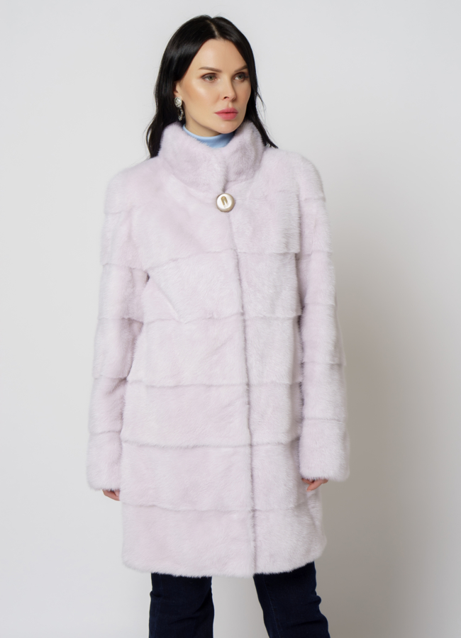 Норковая шуба с воротником стойкой в цвете пудра модель № 19613 меха малина