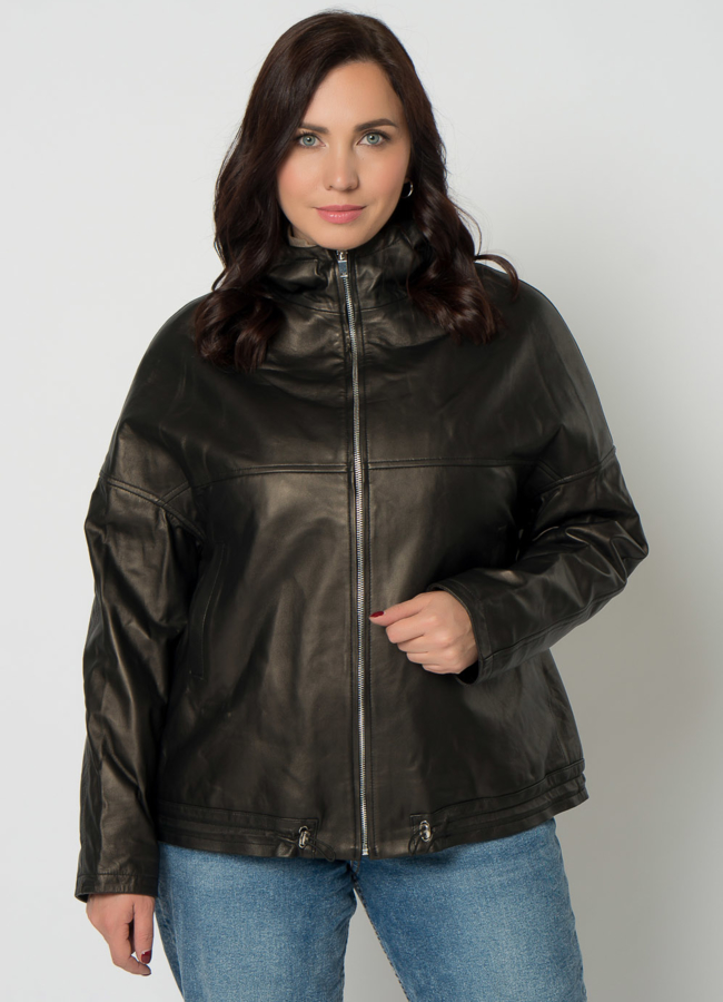 Куртка из натуральной кожи с капюшоном модель № 21667 меха малина