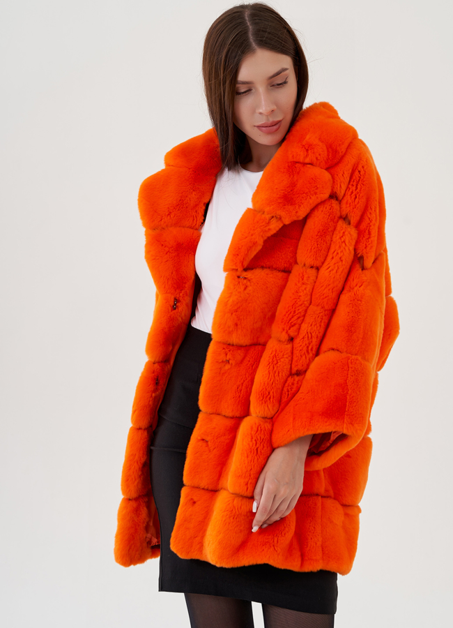 Укороченная шуба из меха кролика в оранжевом цвете модель № 81495 универмаг малина