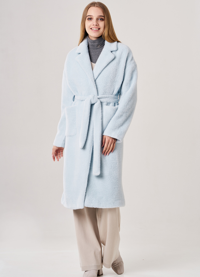 Пальто женское голубого цвета с поясом модель № T4F W9822 в кредит
