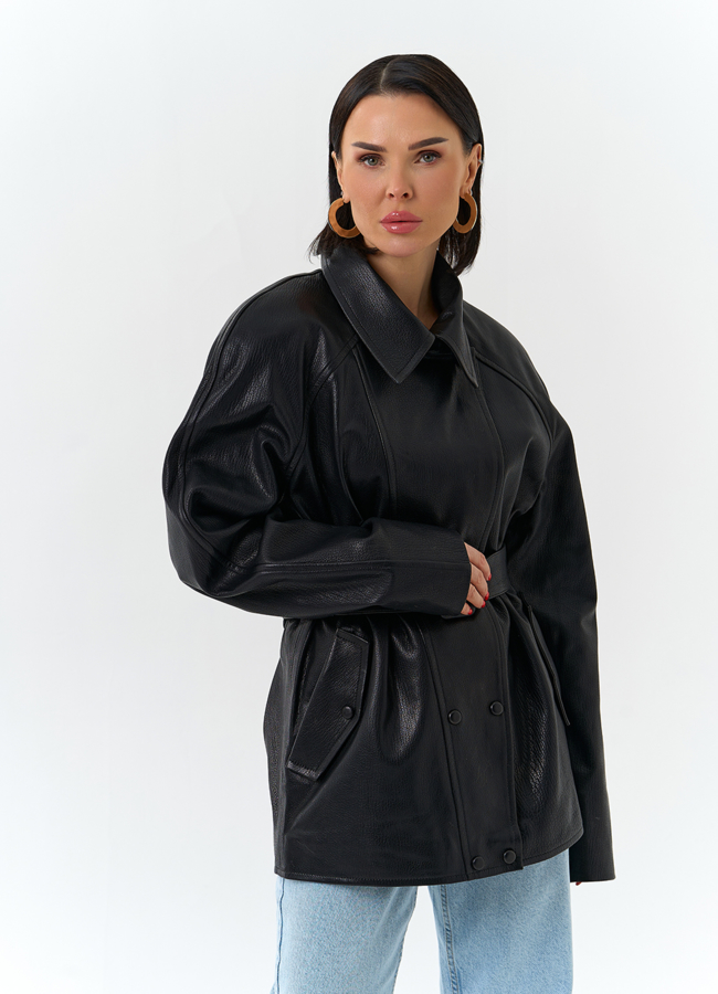 Женская куртка из натуральной кожи  с поясом модель №  универмаг малина