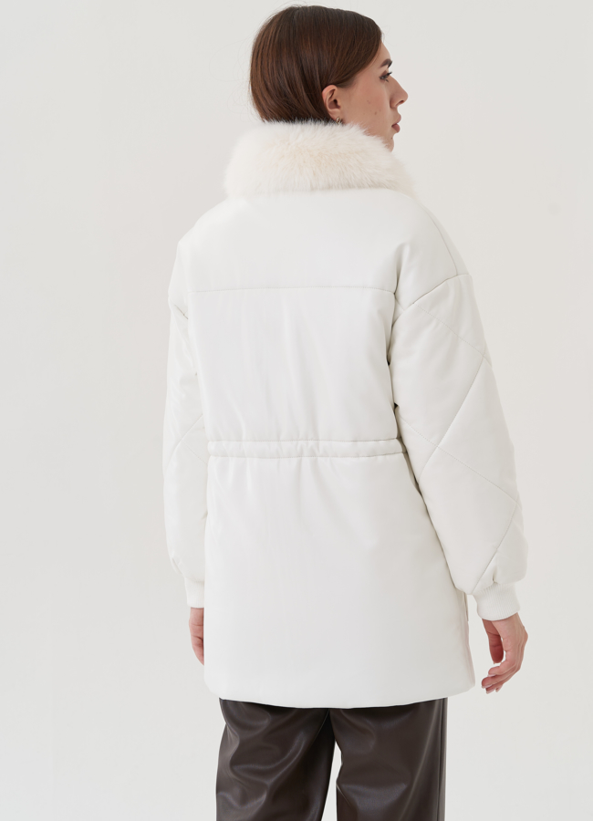 Куртка утепленная из эко кожи с отделкой из меха песца модель № 25497 универмаг малина