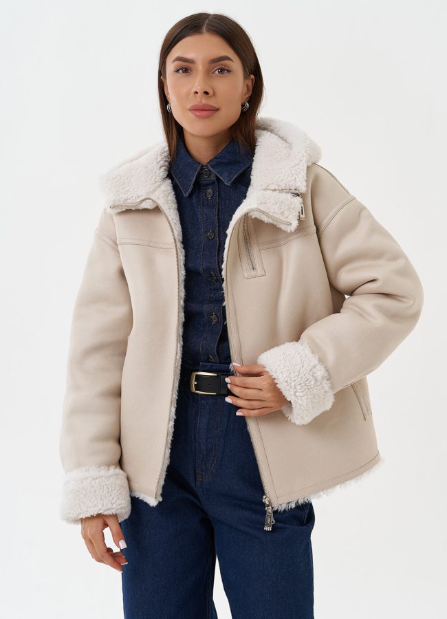 Двухсторонняя дубленка из эко кожи с капюшоном модель № 28653 универмаг малина