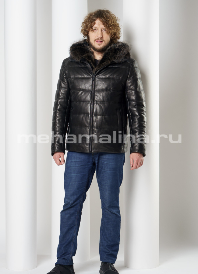фото Кожаный пуховик черного цвета с капюшоном модель № KP-232