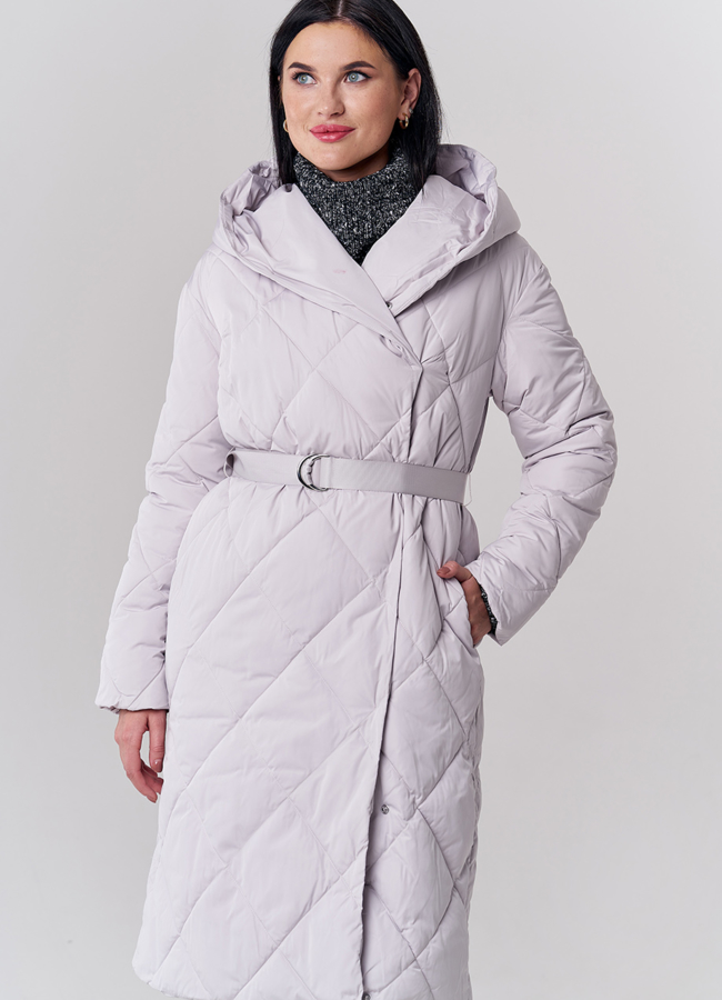 Женский пуховик в сером цвете с капюшоном модель № 21681 меха малина