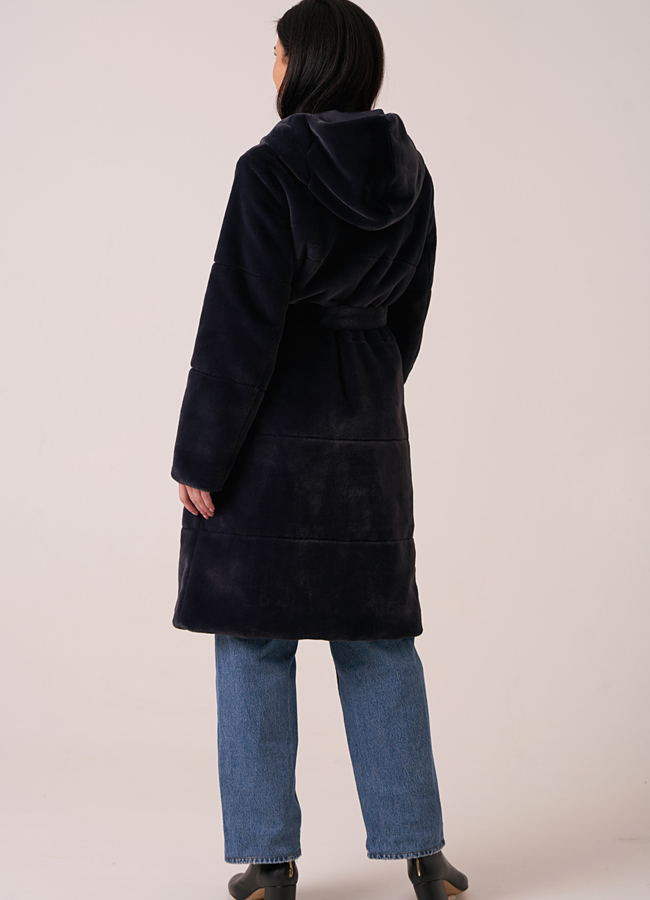 фото Шуба из искусственного меха двусторонняя синего цвета  модель №  1062