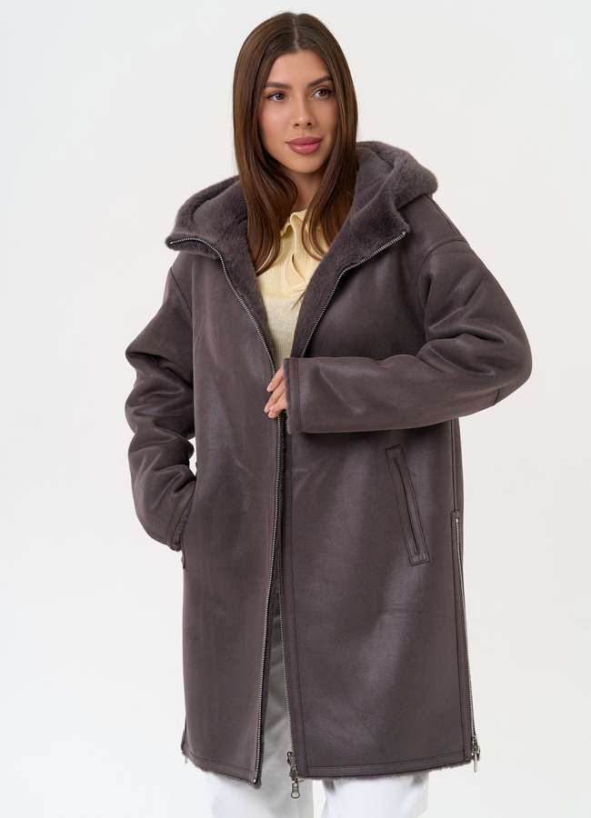 Женская двухсторонняя дубленка из эко замши с капюшоном модель № 31435 универмаг малина Женская двухсторонняя дубленка из эко замши с капюшоном модель № 31435 универмаг малина