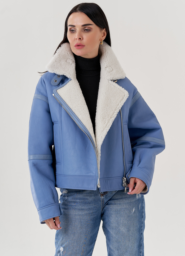 Женская дубленка косуха  модель № 79591 меха малина