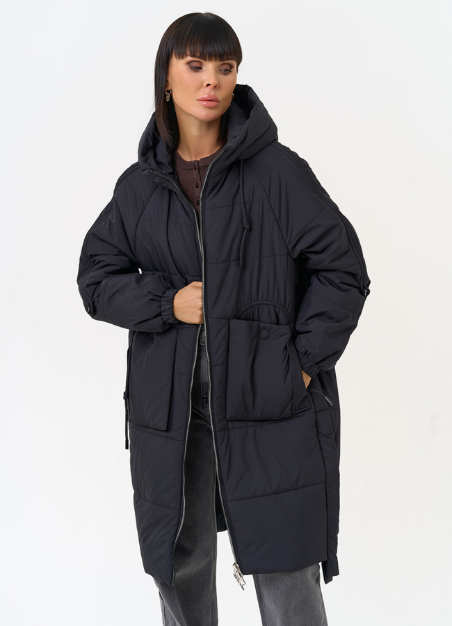 Женское пальто с капюшоном черного цвета модель № 31549 в кредит