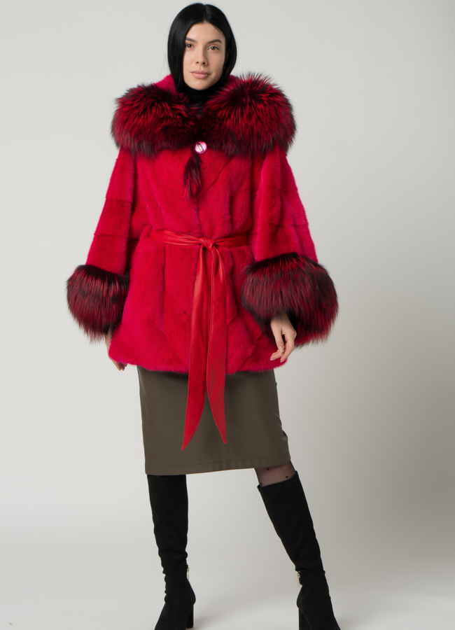 фото Шуба из норки в красном цвете модель № 1601
