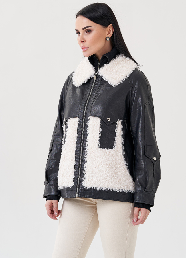 Куртка из эко кожи на утеплителе с отделкой из эко меха модель № FA-108 универмаг малина