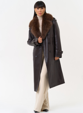 Женское утепленное пальто из экокожи с воротником из эко меха Женское утепленное пальто из экокожи с воротником из эко меха