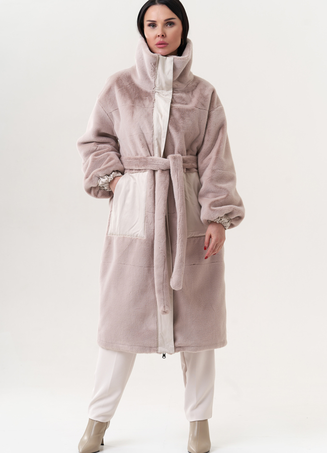 Двухсторонее пальто из эко меха модель № 25586 меха малина