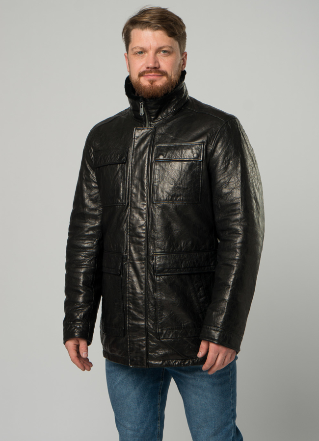 Мужской пуховик из натуральной кожи черного цвета модель № 21922 универмаг малина