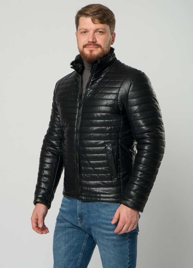 Мужской пуховик из эко кожи с отделкой из норки модель № 21944 универмаг малина