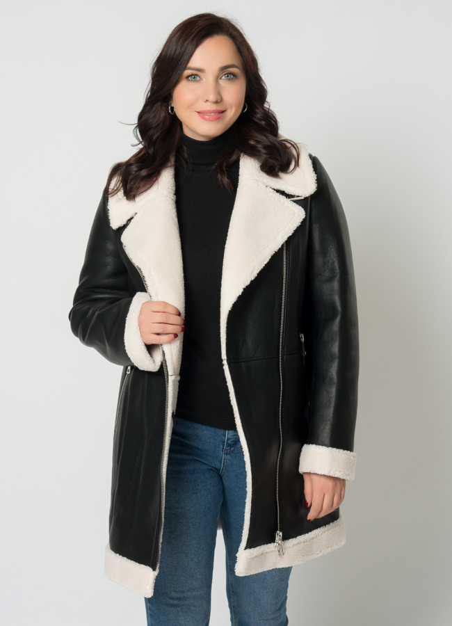 Удлиненная дубленка пилот из эко кожи в черном цвете модель № 21696 универмаг малина