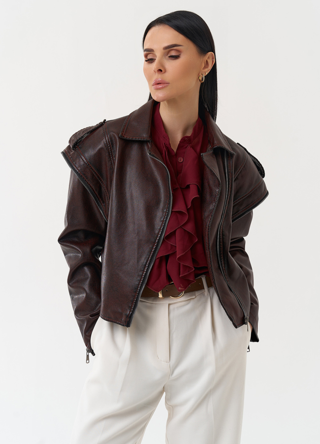 Куртка женская из эко кожи в стиле ретро модель № 30448 меха малина Куртка женская из эко кожи в стиле ретро модель № 30448 меха малина