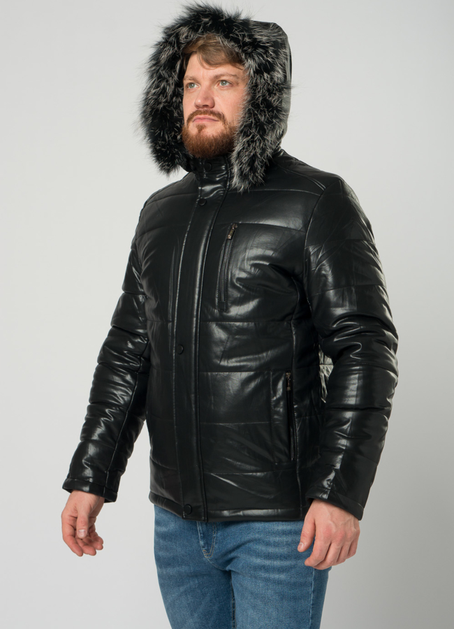Мужской пуховик из эко кожи черного цвета модель № 21876 универмаг малина